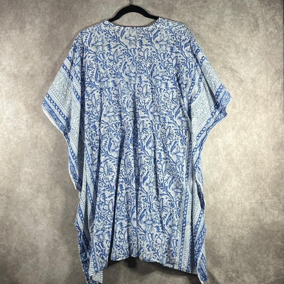 World Market Kaftan Mini Dress Womens Free Size Blue Floral Swimsuit Cover Beach - Picture 5 of 10